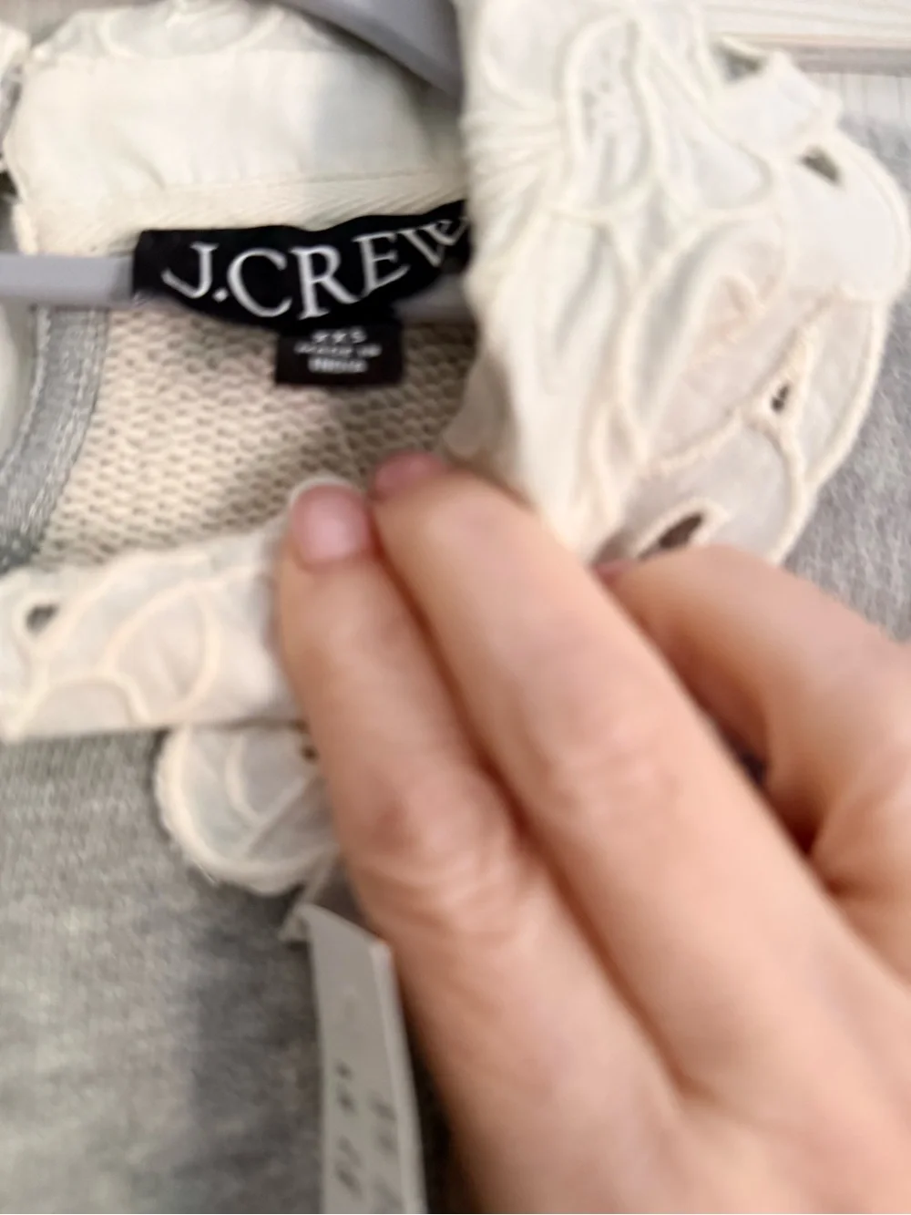 J. Crew Light Gray Sweatshirt with White Floral Lace Collar NWT